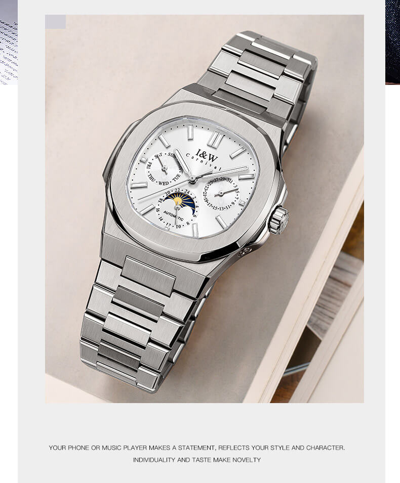 Đồng hồ nam chính hãng I&W CARNIVAL 55886G-5 mặt trắng size mặt 42mm,kính sapphire ,chống nước 50m,dây thép không gỉ