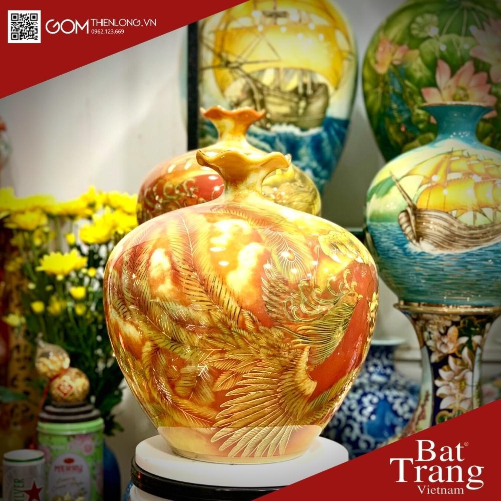 Bình Hút Tài Lộc Miệng Lượn Vẽ Vàng 3D Long Phụng Vờn Mây - Bình Hút Lộc Bát Tràng - Gốm Thiên Long