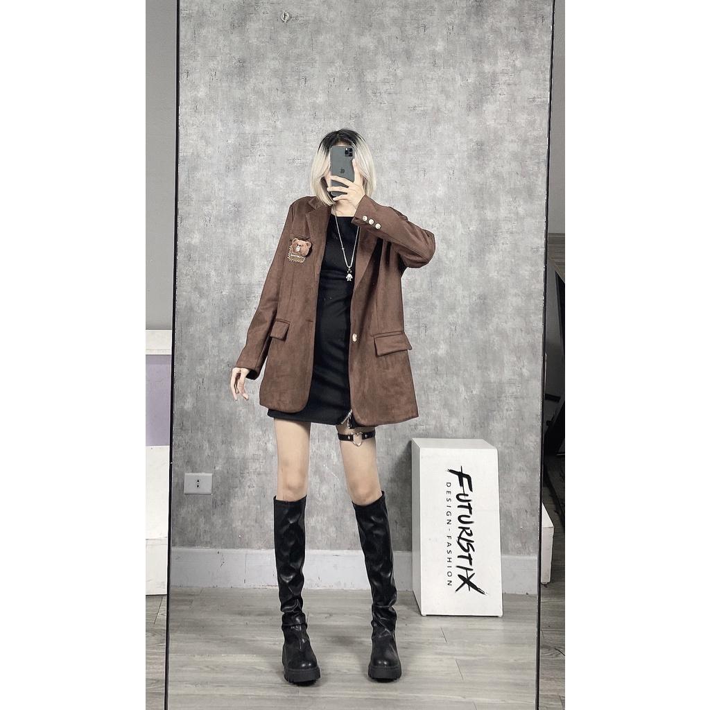 Áo Vest Nâu Phối Gấu Teddy Siêu Xinh, Áo Blazer Da Lộn Tặng Kèm Gấu Teddy AK165