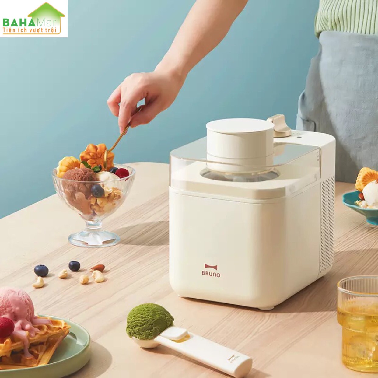 MÁY LÀM KEM THÔNG MINH TỰ ĐỘNG, LÀM ĐÁ, SỮA CHUA HOA QUẢ, MÓN TRÁNG MIỆNG BRUNO "BAHAMAR" Một nút ấn