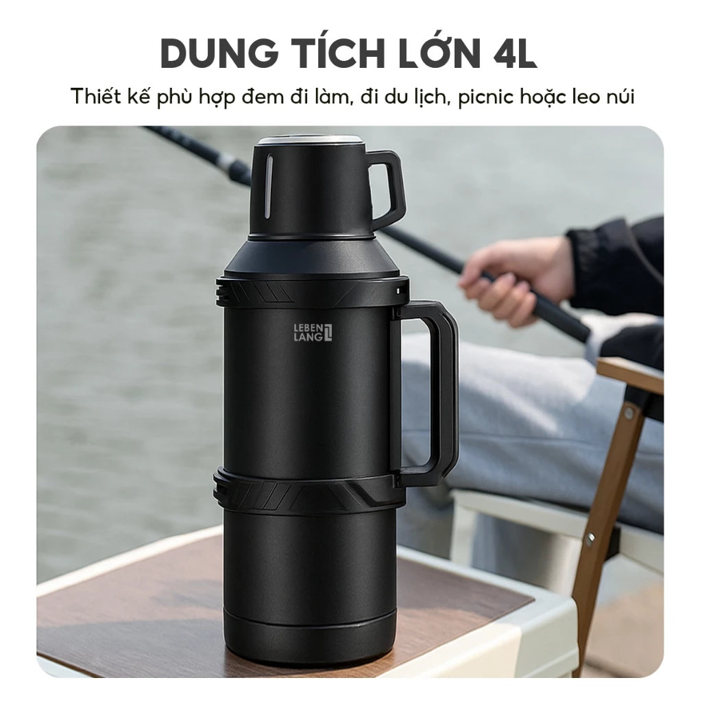 Bình giữ nhiệt Inox 316 Lê Bên Làng LBL3026/ LBL3025 dung tích 4L/ 6L có lõi lọc trà và dây đeo