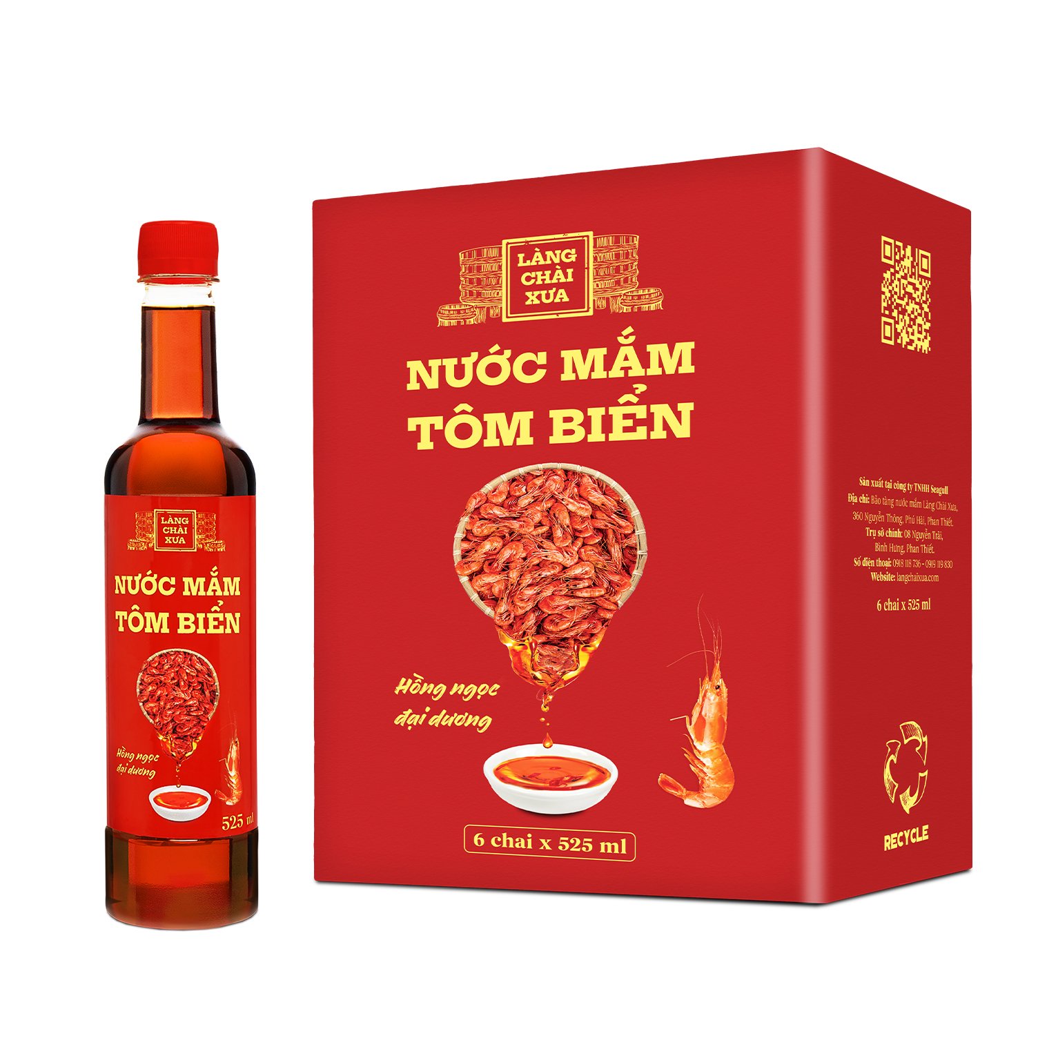 Thùng 6 chai nước mắm tôm biển Làng Chài Xưa 525ml Hồng Ngọc Đại Dương 300 năm truyền thống