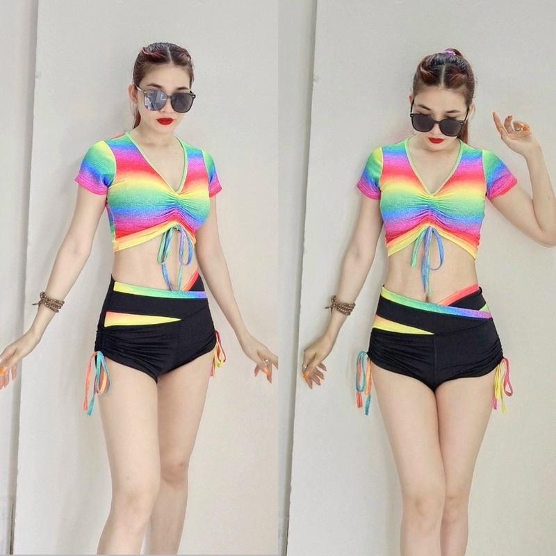 Set bộ đồ tập áo croptop quần đùi rút dây cạp V tập gym, nhảy aerobic nữ