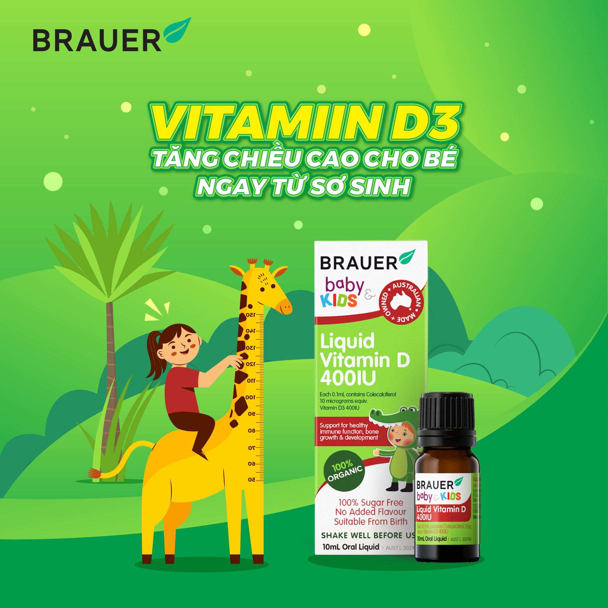 Vitamin D3 cho trẻ sơ sinh, trẻ nhỏ và người lớn Brauer Úc giúp trẻ phát triển chiều cao, phòng loãng xương, ngủ ngon, tăng sức đề kháng-OZ Slim Store