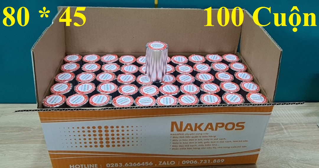 Thùng 100 cuộn giấy in hóa đơn K80 phi 45 bọc bạc cho máy in nhiệt