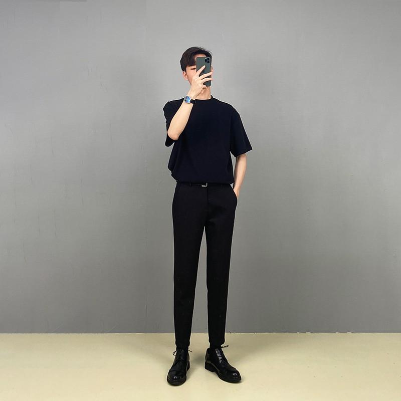 Áo thun nam trơn cổ cao mùa hè, phong cách trưởng thành nam tay lửng