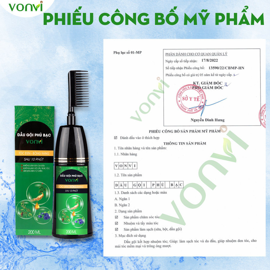 Nhuộm phủ bạc VONVI không xót, không phai, không làm đen da đầu, lên màu đen tự nhiên sau 10 phút chia 200 ml