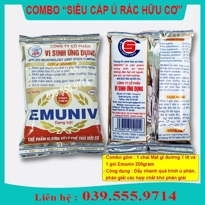 BỘ ĐÔI 01 TÚI CHẾ PHẨM Ủ RÁC VÀ PHÂN BÓN EMUNIV 200GRAM VÀ 01 CHAI MẬT RỈ ĐƯỜNG LOẠI 1 LÍT, ĐẨY NHANH QUÁ TRÌNH Ủ PHÂN