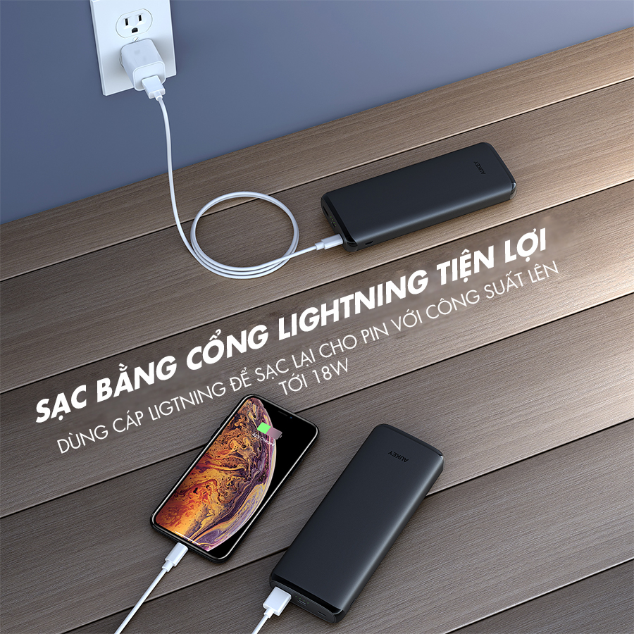 Pin Sạc Dự Phòng 20000mAh AUKEY PB-Y23 1 Cổng Sạc Nhanh QC 3.0, 1 Cổng Type C Power Delivery 18W, Hỗ Trợ Sạc Vào Bằng Cổng Lighting - Hàng Chính Hãng