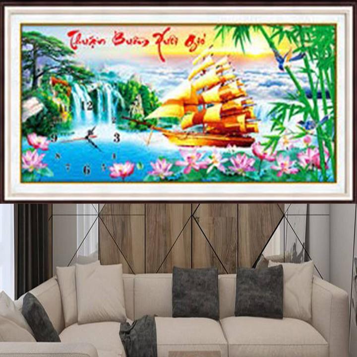 Tranh thêu thuận buồm xuôi gió thuyền vàng hoa sen 88938 - kích thước: 93 * 48cm.