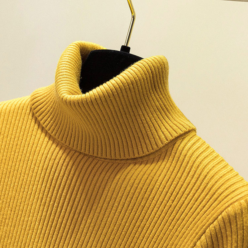 Women Sweater Stretchy Solid Color Ribbed High Neck Long Sleeve Slim Autumn Winter Casual Brief Pullover