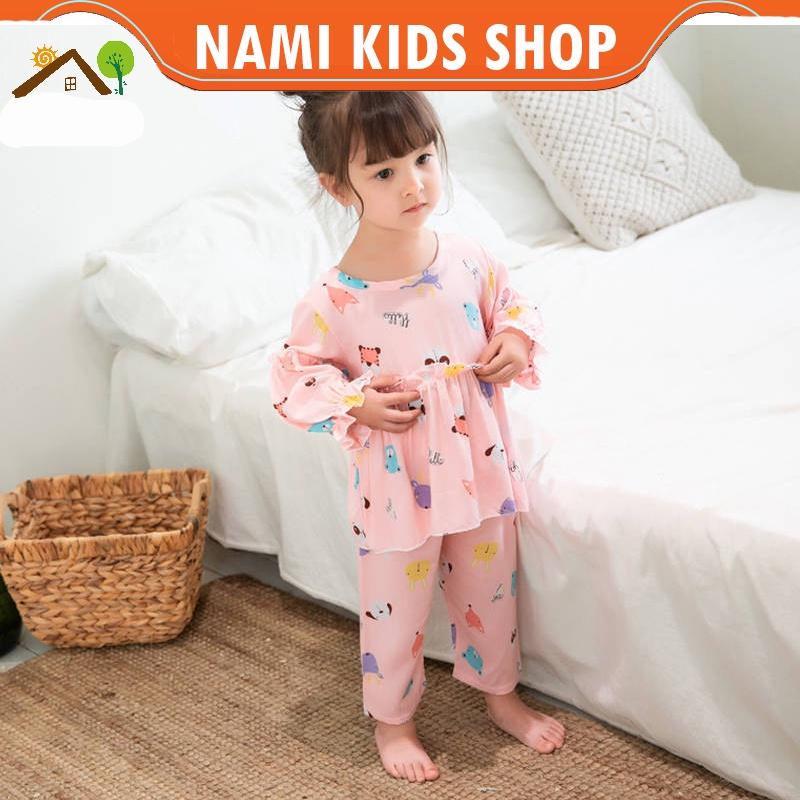 Bộ quần áo dài tay mặc nhà chất mát cho bé gái họa tiết ngẫu nhiên
