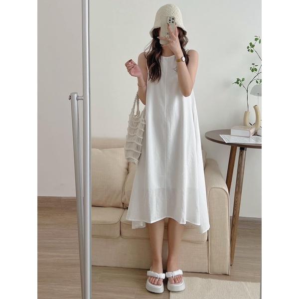 Váy ba lỗ chất đũi không nhăn form rộng oversize Váy suông dáng dài vintage