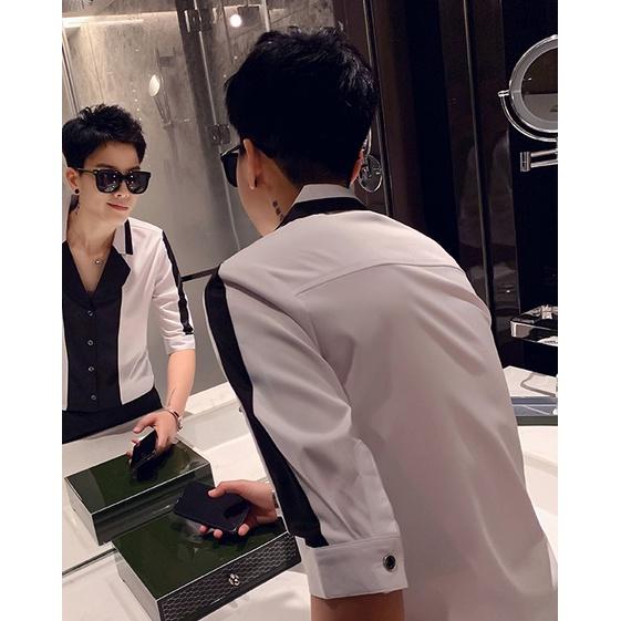 Áo sơ mi nam, Áo sơ mi dài 3/4 cổ chữ V, phối 2 màu chủ đạo đen trắng phong cách hàn quốc, lịch lãm sang trọng. Mã N12