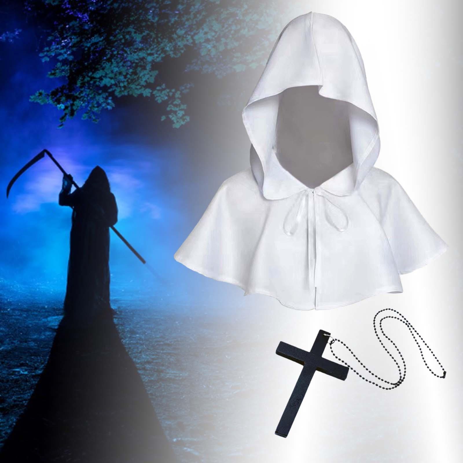 Halloween Death Cape Hooded Poncho Shawl Grim Cowl with Cross Necklace Capelet Medieval Hooded  Death Cape