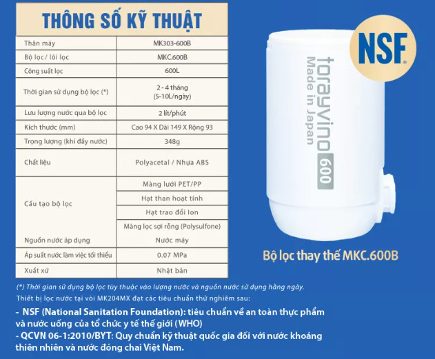 Thiết bị lọc nước tại vòi Torayvino MK303-600B-EG - Uống trực tiếp tại vòi - 600L - Hàng chính hãng Nhật Bản