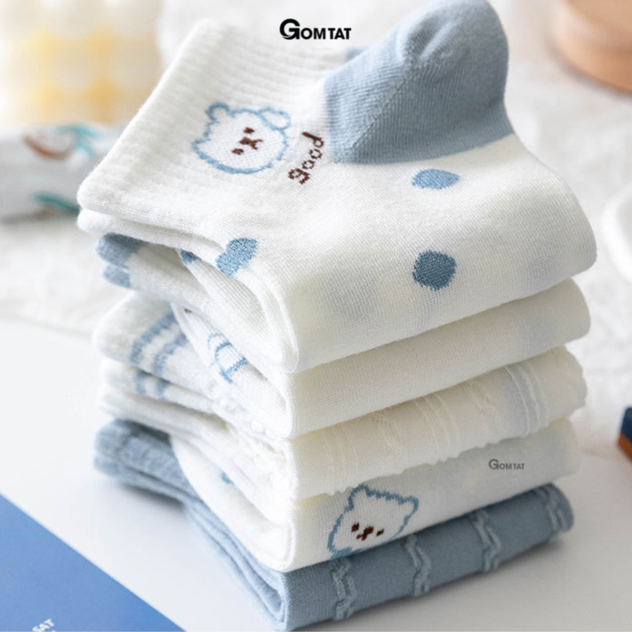 Set 5 đôi vớ nữ cổ ngắn họa tiết đơn giản siêu dễ thương, tất nữ cổ thấp chất liệu cotton mềm mỏng thoáng mát - CB089