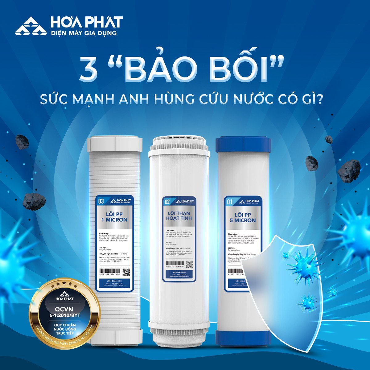 Combo 03 lõi lọc thô Hòa Phát xử lý nước phèn (Lõi 1 - Lõi 2 than hoạt tính - Lõi 3) - Hàng chính hãng