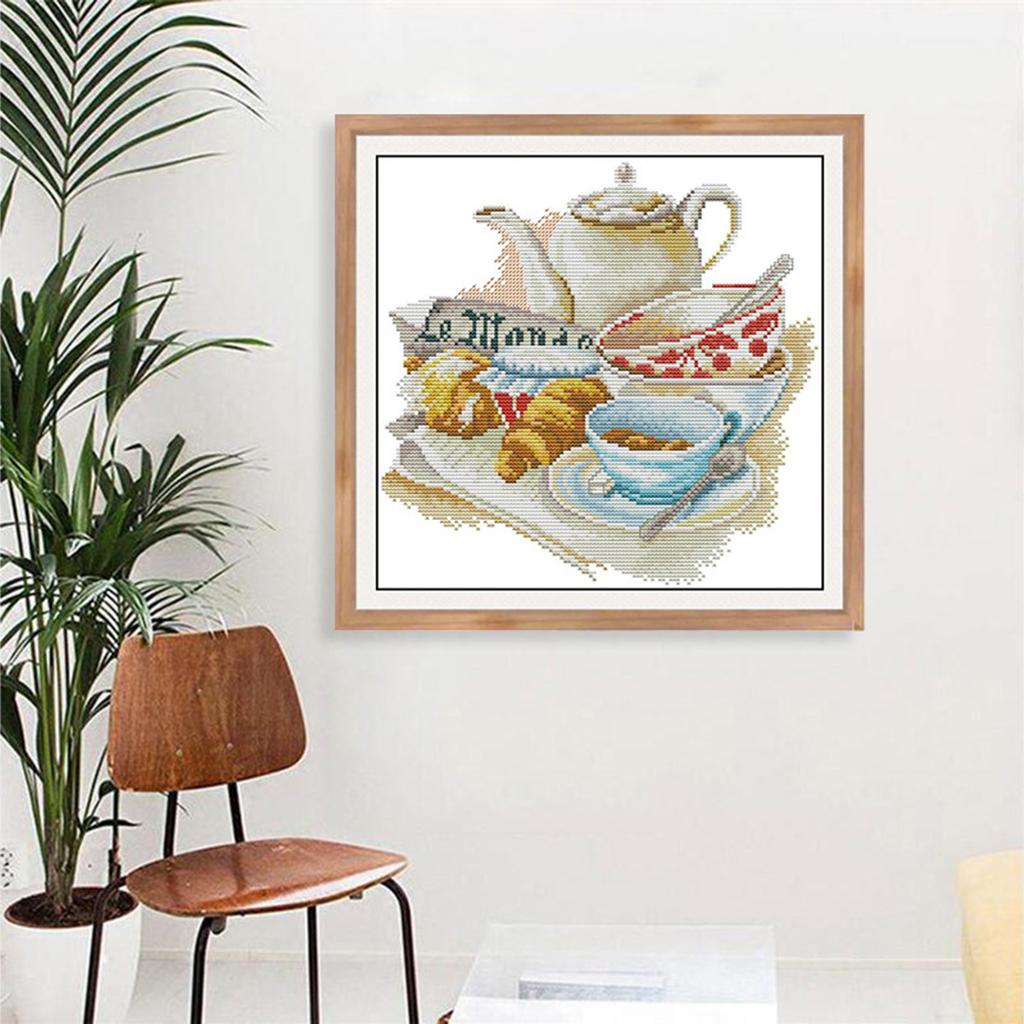 DIY Coffee & Tea Cross Stitch Stamped Kits Quilt Pre-Printed Cross-Stitching Patterns for Beginner Kids, Embroidery Crafts Needlepoint Starter Kits,