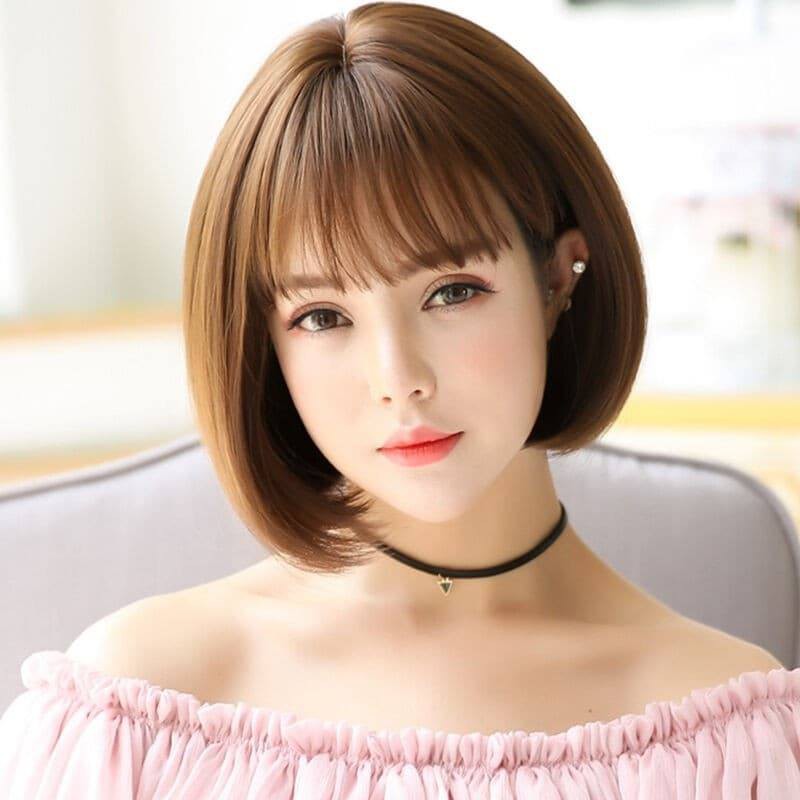Tóc giả nữ nguyên đầu hàn quốc, kiểu ngắn, mái thưa tặng kèm lưới trùm tóc, giống hình 90%, tóc tơ nhân tạo chịu nhiệt