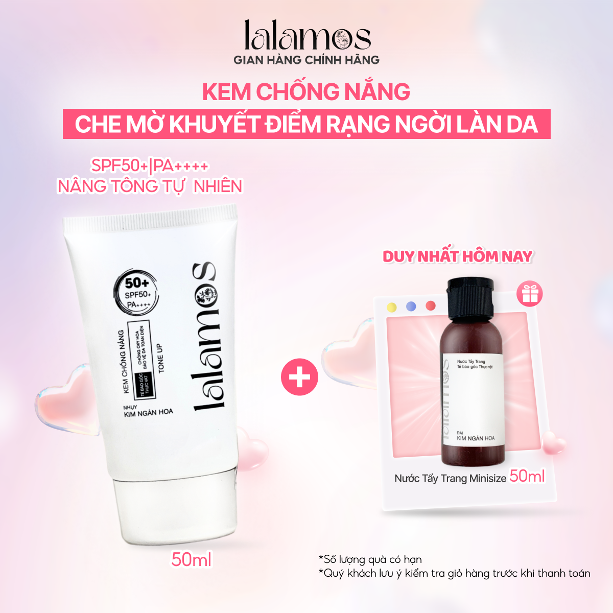 Kem chống nắng Lalamos nhụy Kim Ngân Hoa tone up unisex SPF 50+ PA++++ 50ml