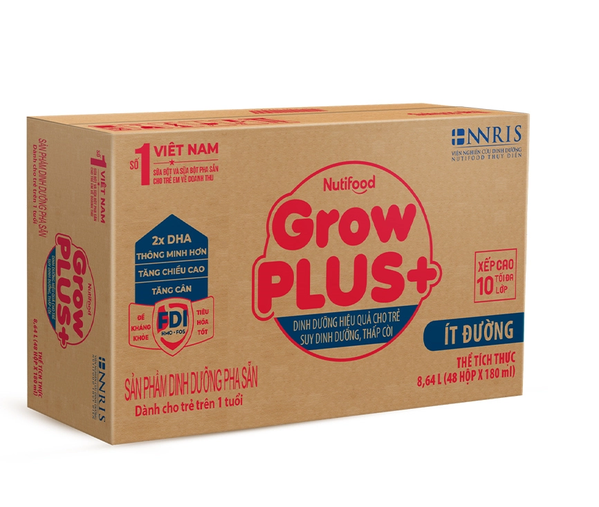 Thùng Sữa Bột Pha Sẵn ÍT ĐƯỜNG GrowPLUS+ loại 180ml - Dành cho bé trên 1 tuổi, Tăng Cân, Tăng Chiều Cao, Thông minh hơn