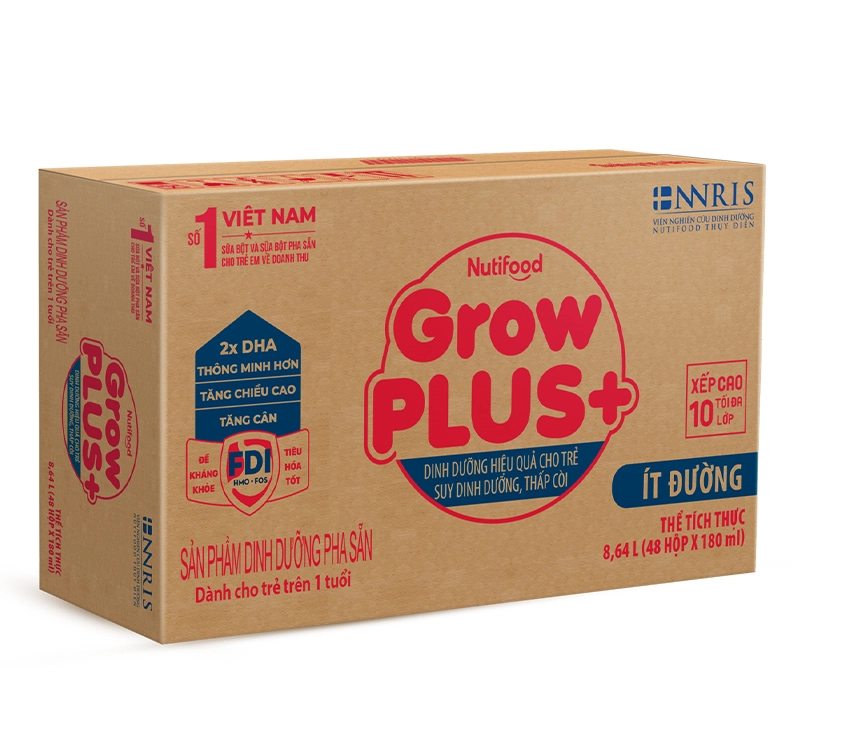 Thùng Sữa Bột Pha Sẵn ÍT ĐƯỜNG GrowPLUS+ loại 180ml - Dành cho bé trên 1 tuổi, Tăng Cân, Tăng Chiều Cao, Thông minh hơn (48 Hộp x 180ml)