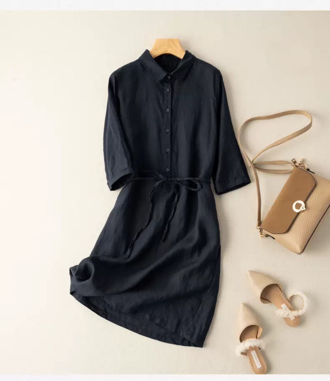 Đầm linen suông công sở cổ sơ mi thiết kế trẻ trung, Đầm suông tay