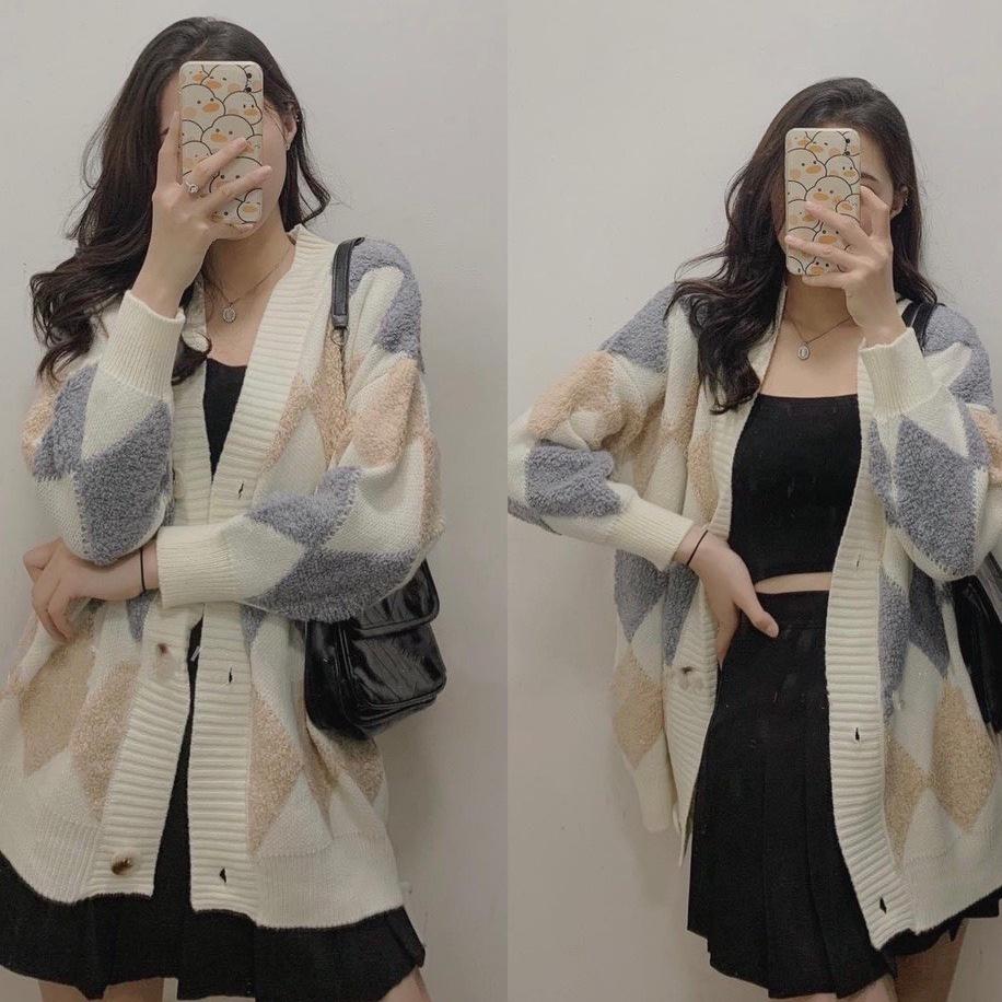 Áo Cardigan Len Chất Dày Họa Tiết Trám Ziczac Nổi Siêu Xinh