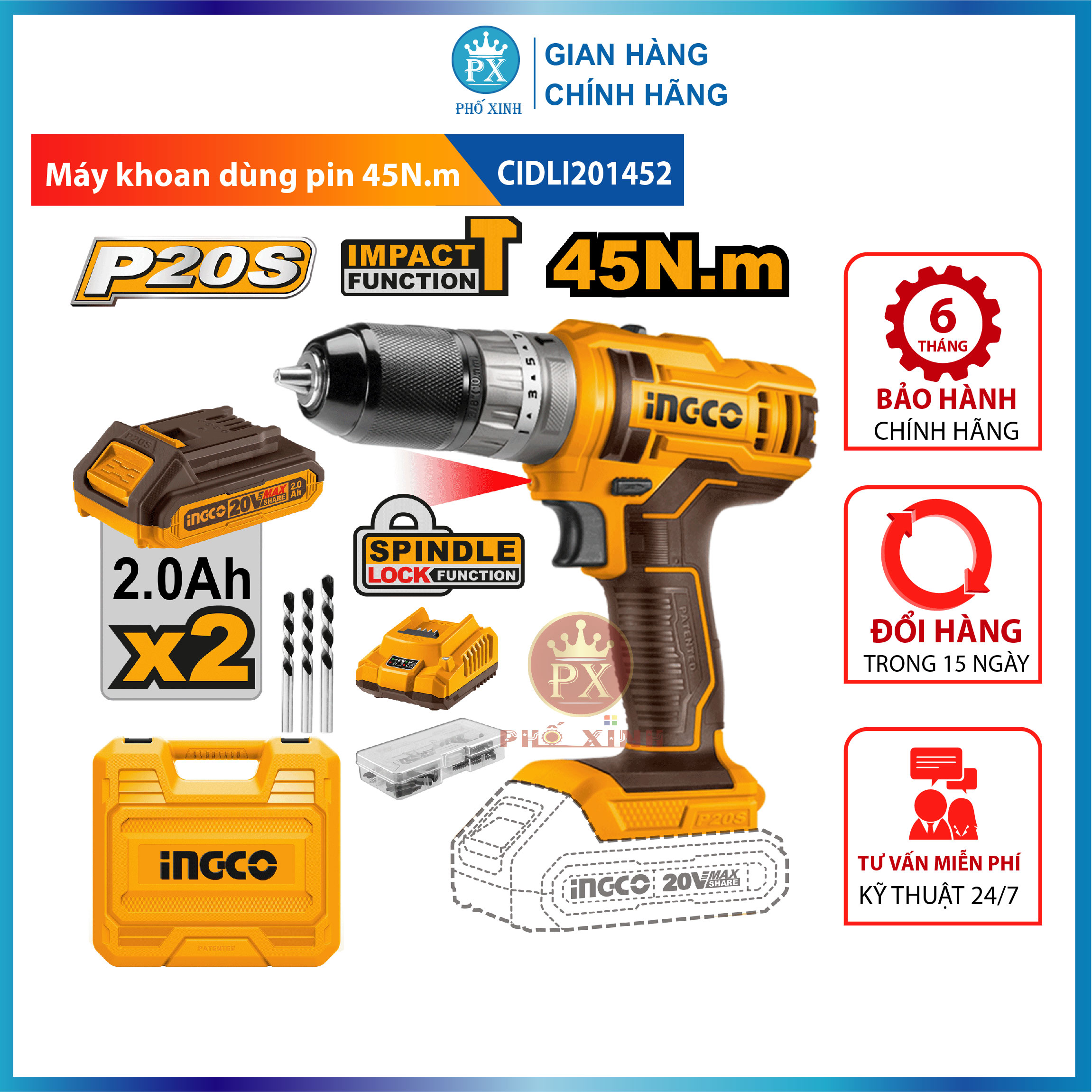 Máy khoan bê tông dùng pin 20V Ingco CIDLI201452 momen 45Nm