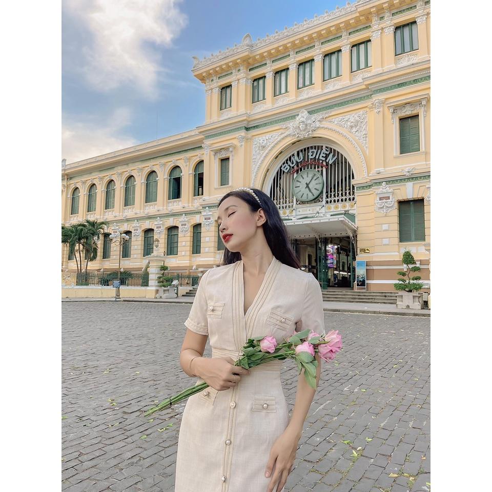 Heris Dress | Đầm body tay ngắn viền phối nút Story.clothes thời trang nữ Tết xinh