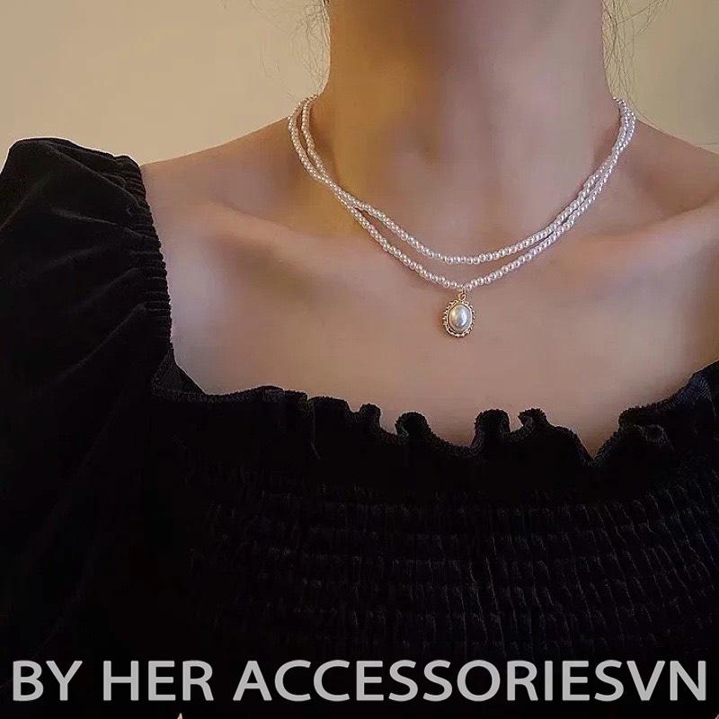 Dây chuyền nữ vòng cổ nữ hạt trai tiểu thư phối mặt tròn Her Accessories C24