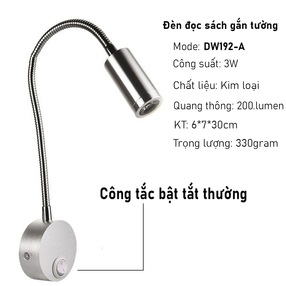 Đèn đọc sách đầu giường, Loại gắn tường, Ánh sáng chiếu rọi điểm 3W, Nguồn 220V