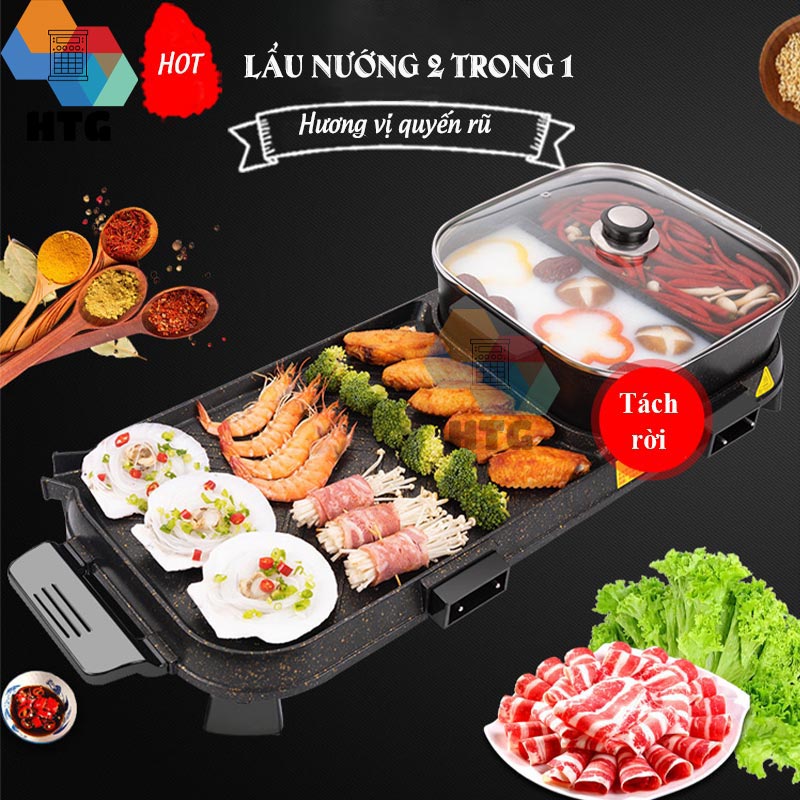 Bếp lẩu nướng 2 trong 1 Suncojia LZW-1702D nồi lẩu 2 ngăn tách rời, dung tích lớn cho gia đình đông, chống dính không khói, hàng chính hãng