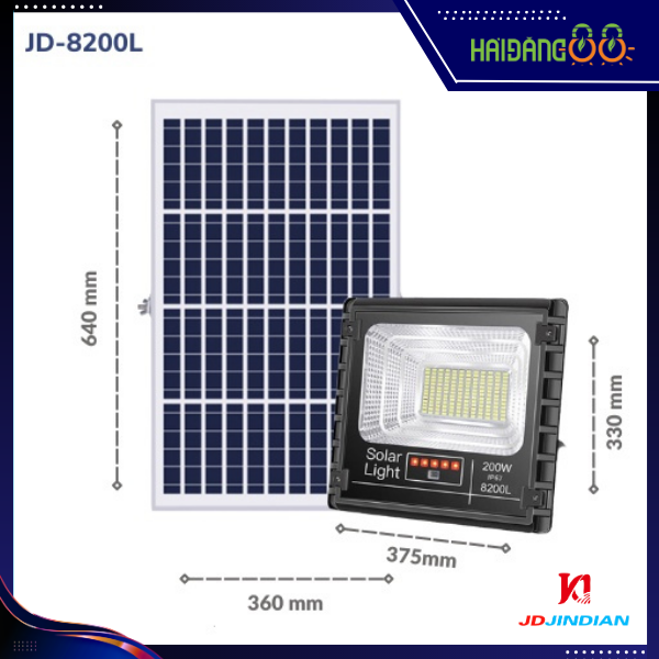 Đèn pha led năng lượng mặt trời 200w chính hãng JINDIAN JD-8200L Chip Led SMD ,Khung Nhôm