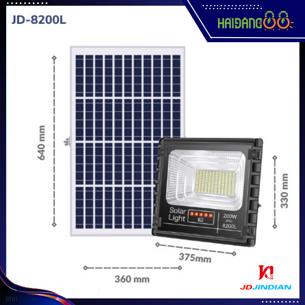 Đèn pha led năng lượng mặt trời 200w chính hãng JINDIAN JD-8200L Chip Led SMD ,Khung  Nhôm