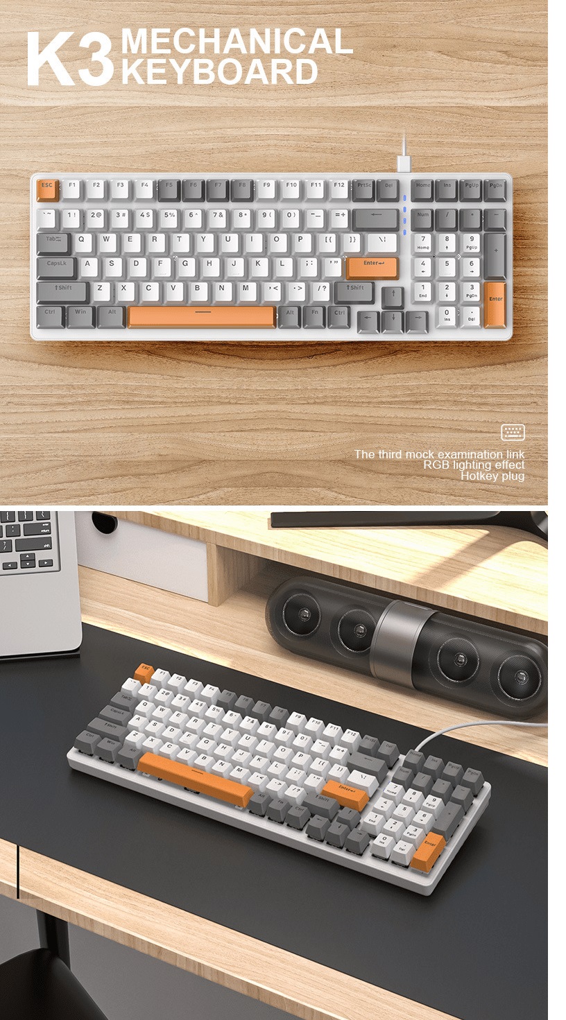 Bàn phím cơ K3 với 3 phiên bản màu sắc phối màu cực đẹp có đèn led RGB phù hợp với game thủ - JL