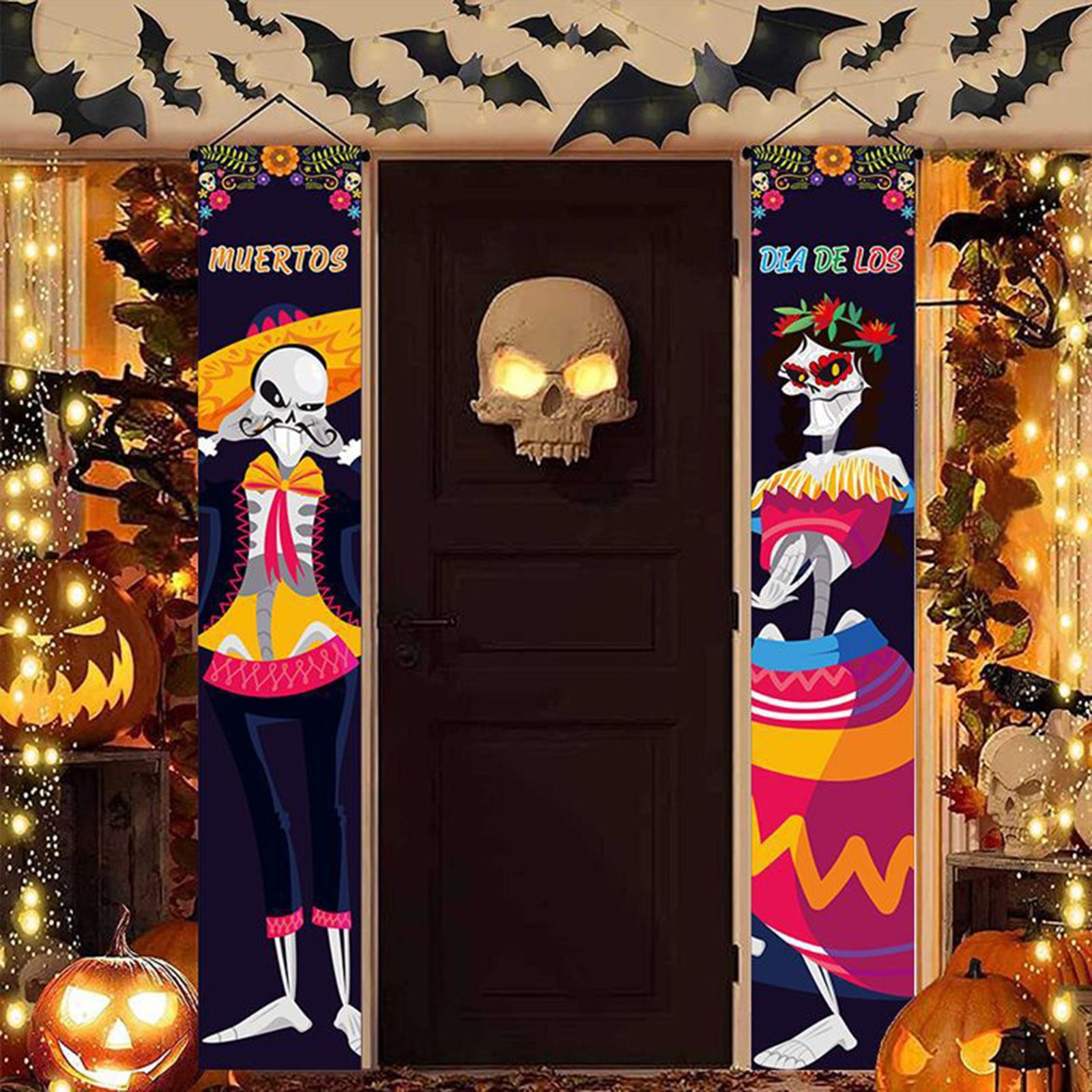 Halloween Banners Mexican Day of The Dead Flag Halloween Welcome Signs Hanging Sign Halloween Party Decoration for Backyard Porch Front Door
