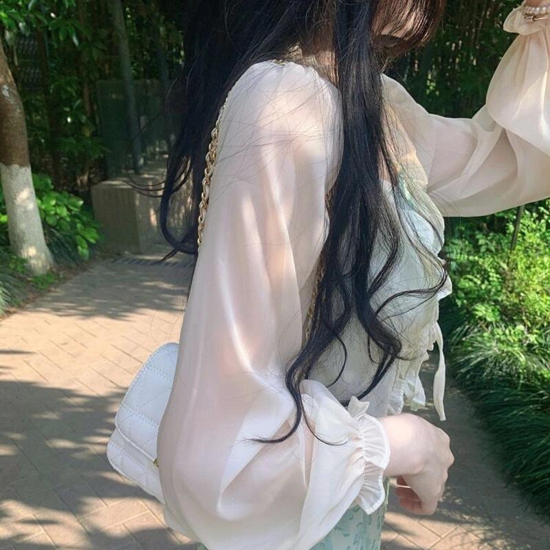 Áo Khoác Nhẹ Ngoài Váy Cadigan Nữ Màu Xanh Be Trắng Hồng Chất Chiffon Dài Tay Phong Cách Tiểu Thư Hàn Quốc
