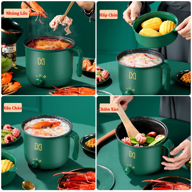 Nồi lẩu điện mini 2 tầng chống dính tặng khay hấp (chiên, xào, rán, lẩu, nấu cơm) - Ca nấu mì mini đa năng - Hàng chính hãng D Danido (Logo hình ngẫu nhiên trên thân nồi)