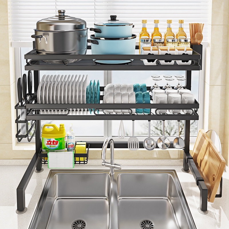 Kệ chén bát đa năng bằng thép carbon không gỉ, chống xước, sơn đen tĩnh điện, giá bát trên bồn rửa ráo nước cho nhà bếp sạch sẽ TRƯỜNG PHÚC DEKO