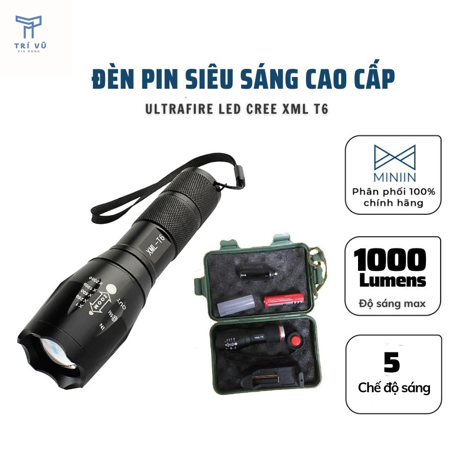 Đèn Pin Siêu Sáng XML-T6 Cao Cấp Hợp Kim Chống Nước Pin Có Thể Sạc Lại Hộp Full Box- MINIIN Chính Hãng