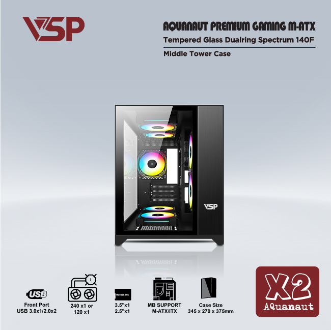 Vỏ máy tính Case VSP X2 Aquanaut [ĐEN] không Fan Kính cường lực 2 mặt (M-ATX,I-ATX) - Hàng chính hãng Tech Vision phân phối