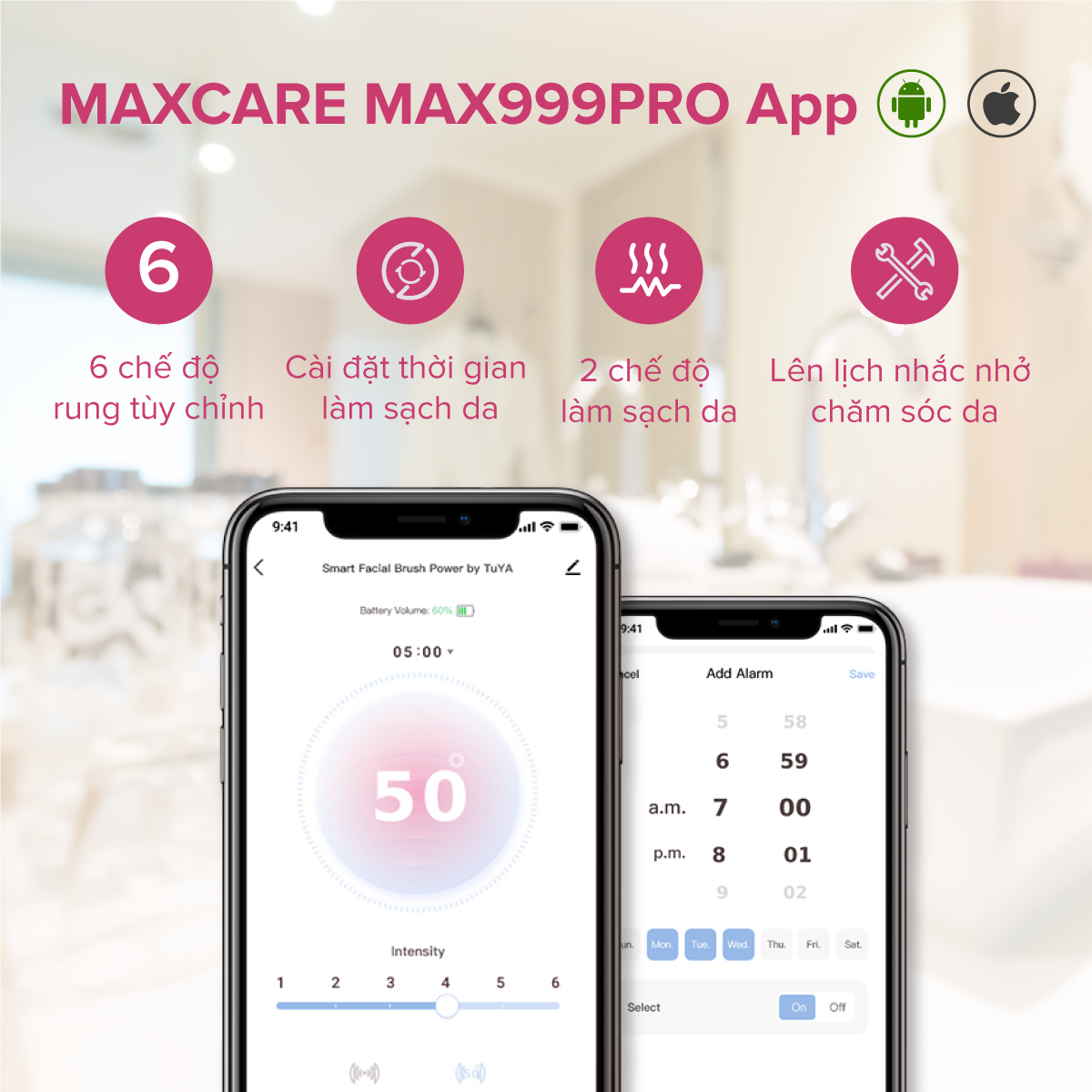 Máy rửa mặt kết nối app thông minh Maxcare Max999PRO sản phẩm cao cấp theo dõi và cài đặt chế độ làm sạch da chuyên biệt