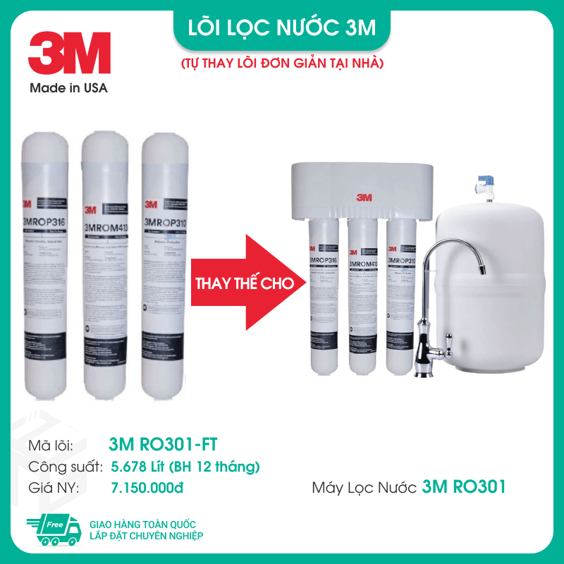 [MIỄN PHÍ LẮP ĐẶT] Máy Lọc Nước Mỹ 3M RO301 Lắp Dưới Bồn Rửa - R.O 3 Lõi Cao Cấp 70020320399, Không Dùng Điện, Công suất 5.678L, Có bán lõi thay thế (3M ROP316, ROP310, ROP413) - Hàng Chính Hãng 3M