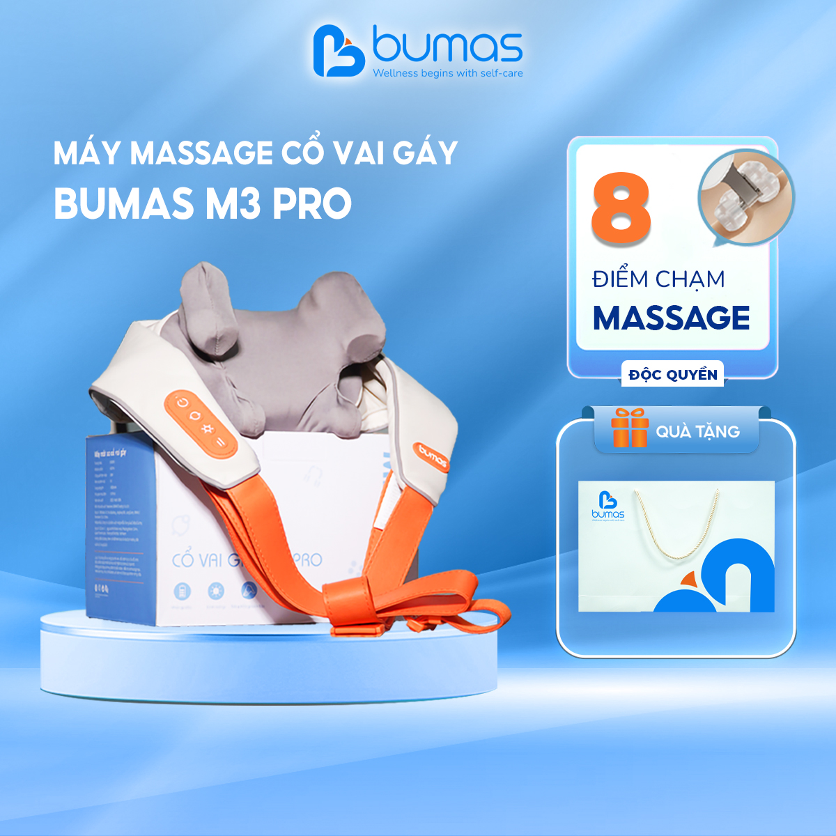 Máy Massage Cổ Vai Gáy Bumas M3 Pro - Nâng Cấp 8 Đầu Massage - Chườm Nóng Hiệu Quả - Động Cơ Không Chổi Than - Hàng Chính Hãng