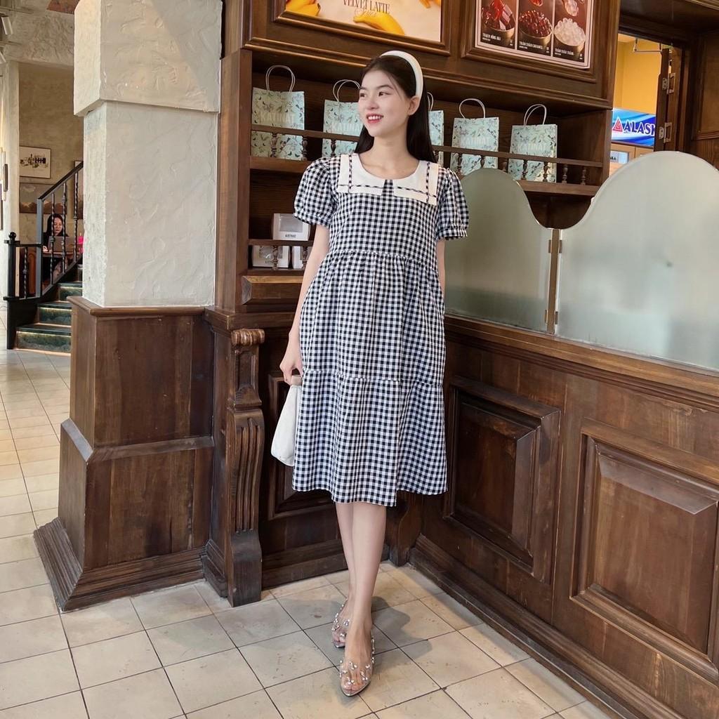 Đầm bầu karo cổ thuỷ thủ phom babydol trẻ trung, đáng yêu - Hồng