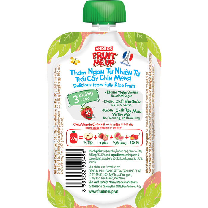 Trái Cây Xay Nhuyễn Nguyên Chất Andros Fruit Me Up  - Dâu Ổi Hồng - Hộp 4 Túi (90g x 4)