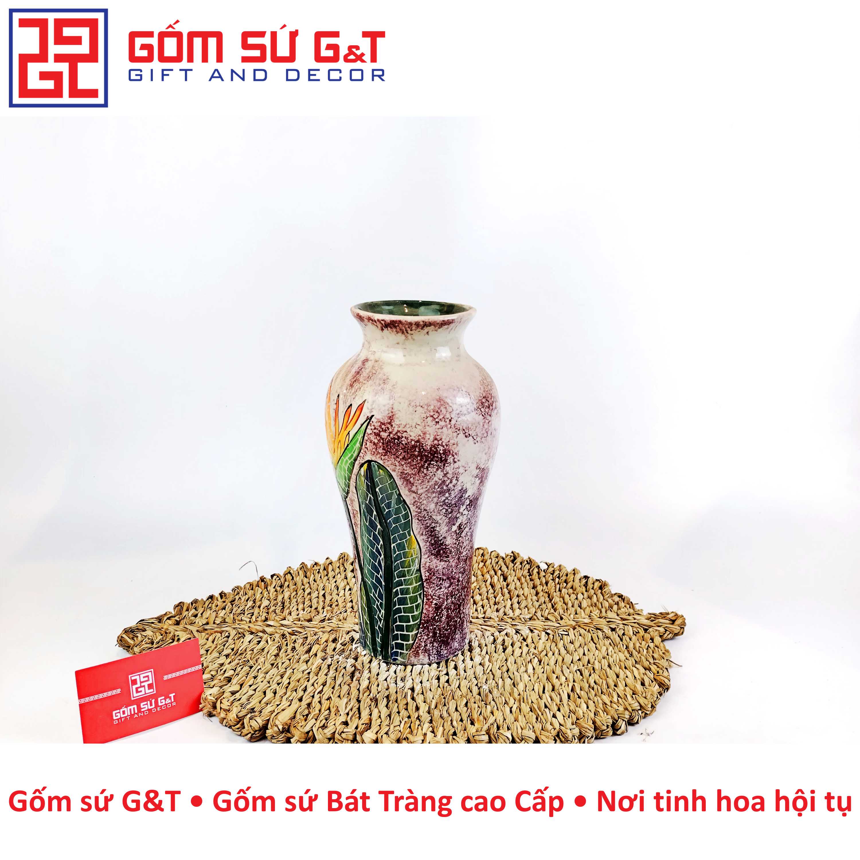 Lọ hoa dáng đùi dế khắc hoa thiên điểu Gốm Sứ G&amp;T