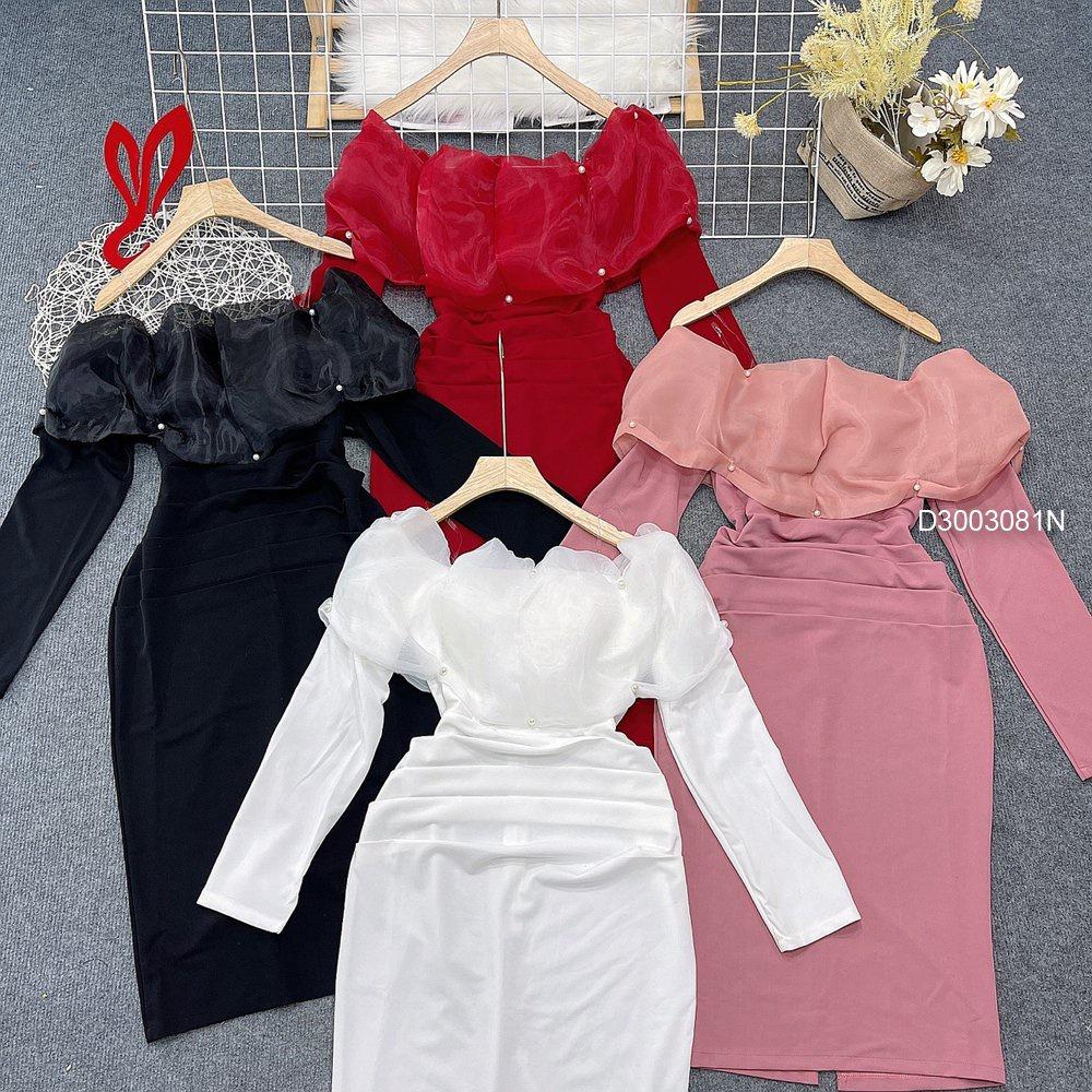 Đầm body bẹt vai ngực phối voan